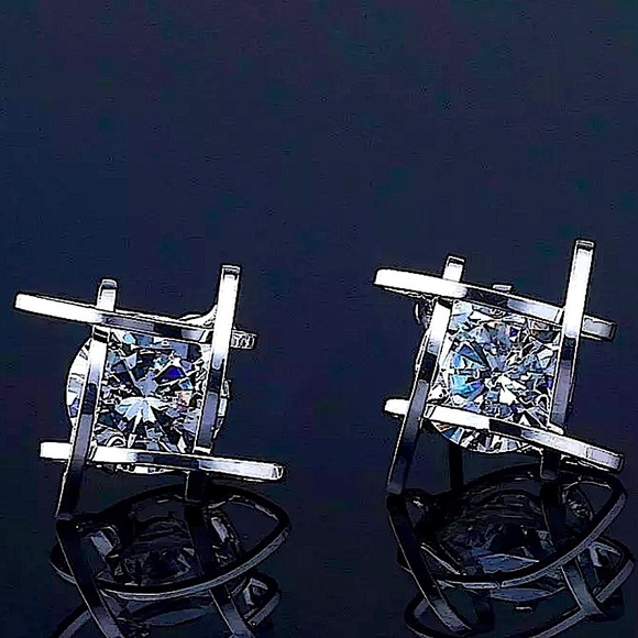 Silver Caged Zircon 3D Stud Geometric Earrings - Picture 3 of 8